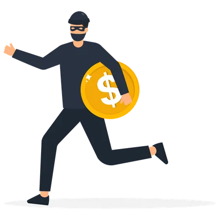 Un joven con máscara negra robando monedas de un dólar  Ilustración