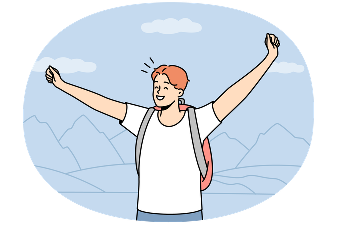 Joven con mochila de pie en la cima de la montaña con los brazos levantados  Ilustración