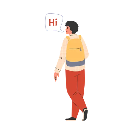 Joven con mochila mientras saluda  Ilustración