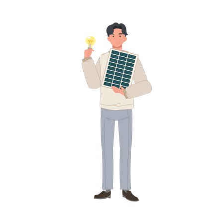 Joven con panel de células solares y bombilla para mostrar energía limpia  Ilustración