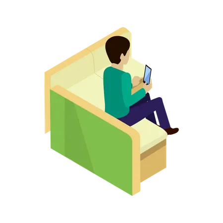 Un Joven Sentado Relajado En Un Sofa Con Un Telefono Inteligente Esperando A Alguien Hombre Haciendo Compras En Linea El Hombre Hace Compras A Traves De Internet Sentado En El Sofa Ilustracion De Vector Isometrico En Plano Ilustración
