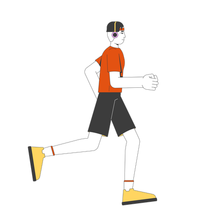 Joven coreano corriendo mientras escucha música con auriculares  Ilustración