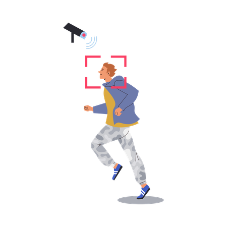 Joven corriendo cerca de una cámara de video CCTV  Ilustración