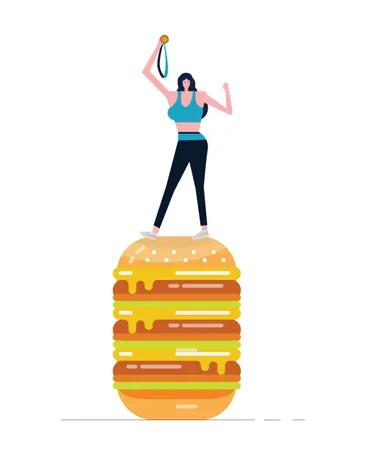 Mujer joven deportiva sosteniendo la medalla de oro de pie en una hamburguesa grande  Ilustración