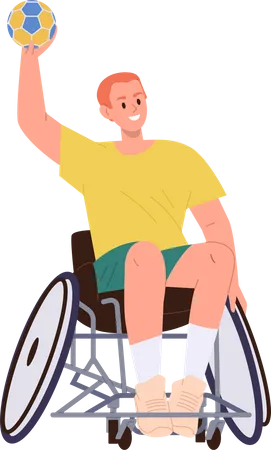 Joven deportista sentado en silla de ruedas jugando voleibol  Ilustración