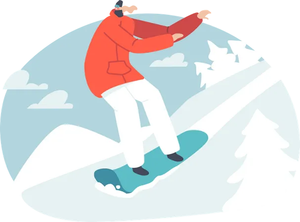 Vacaciones De Invierno Actividad De Deportes Extremos Y Entretenimiento Joven Deportista Vestida Con Ropa De Invierno Y Gafas Haciendo Snowboard Y Haciendo Acrobacias En La Estacion De Esqui De Montana Ilustracion Vectorial De Dibujos Animados Ilustración