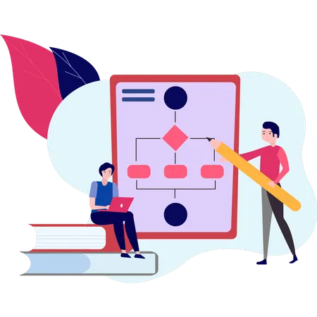 Joven dibujando diagrama de flujo  Ilustración