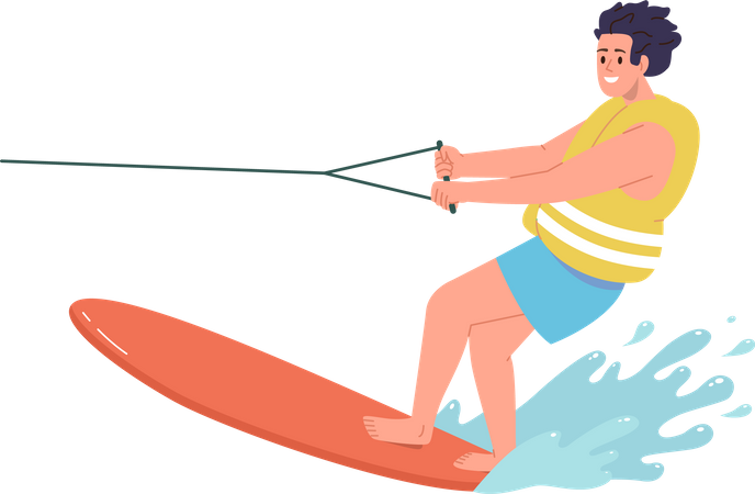 Joven disfrutando del esquí acuático en el mar  Ilustración