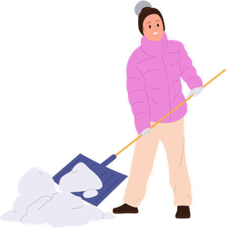Joven disfrutando del trabajo estacional en el patio limpiando nieve con pala  Ilustración