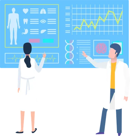 Médico y enfermera jóvenes investigando la salud del paciente  Ilustración