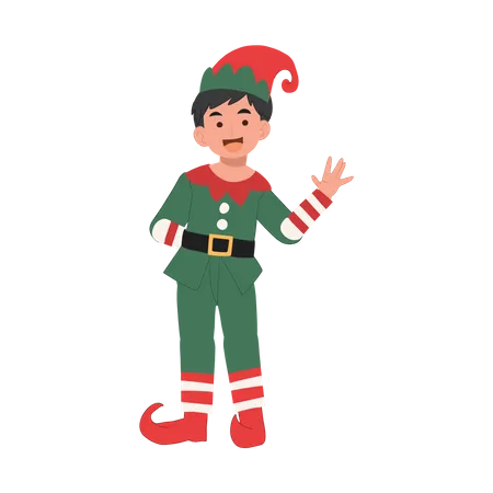 El joven elfo navideño dice "Hola" feliz Navidad  Ilustración