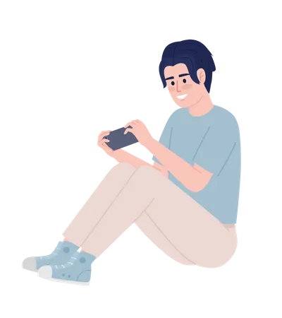 Un joven emocionado con una consola de juegos portátil  Ilustración