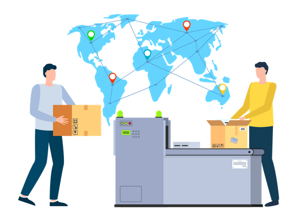 Caja de embalaje para hombre joven y distribución global  Ilustración