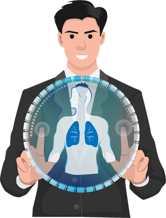 Un joven empresario comprueba el estado de sus pulmones utilizando tecnología de inteligencia artificial virtual  Ilustración