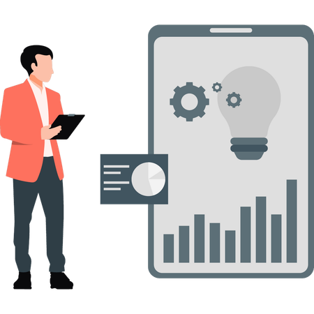 Joven empresario configurando un gráfico de negocios en un dispositivo móvil  Ilustración