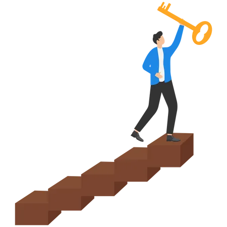 El joven empresario ganador sube a la cima de la escalera levantando la llave dorada del éxito hacia el cielo  Ilustración
