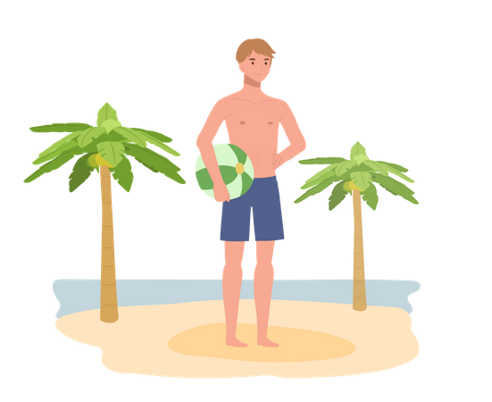 Joven en traje de baño sosteniendo una pelota de playa  Ilustración