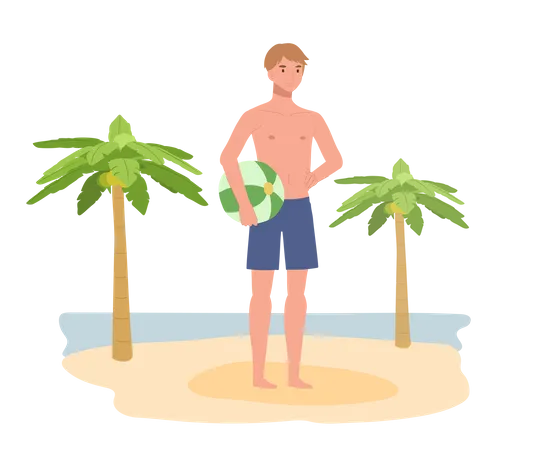 Tema De Vacaciones De Verano En La Playa Un Hombre Sonriente Feliz En Traje De Bano Sosteniendo Una Pelota De Playa Ilustracion De Vector Plano Ilustración
