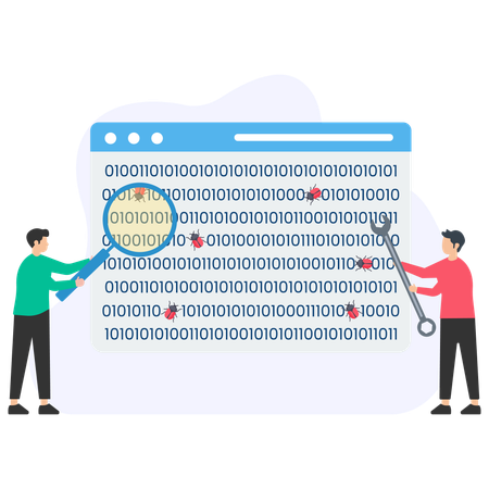 Un joven encuentra un error en la codificación web  Ilustración