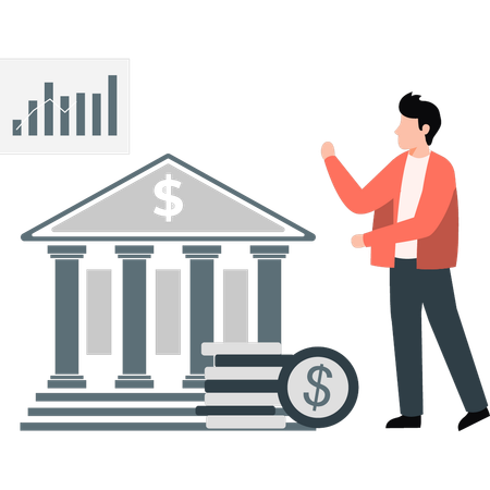 Joven deposita dólar en banco  Ilustración