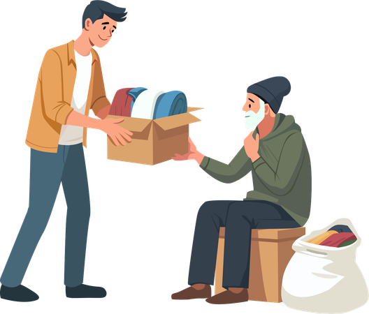 Un joven le da una caja de ropa a un anciano pobre.  Ilustración