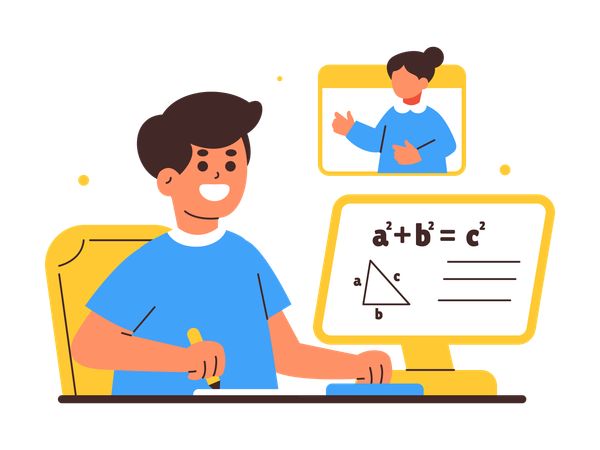 Joven estudiante participa en clase de matemáticas en línea  Illustration