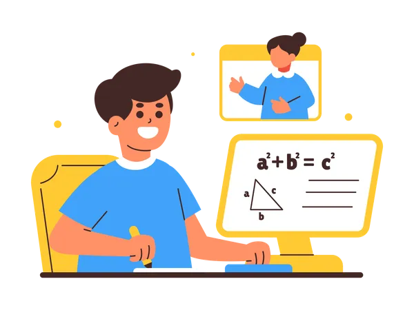 Joven estudiante participa en clase de matemáticas en línea  Illustration