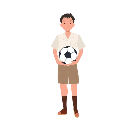 Joven estudiante tailandés sosteniendo fútbol  Ilustración