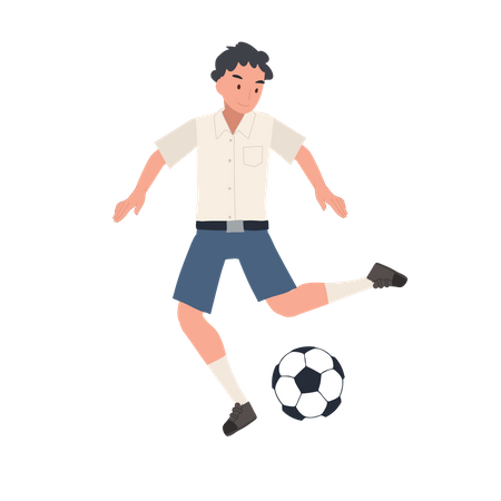 Joven estudiante tailandés jugando al fútbol  Ilustración