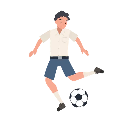 Joven estudiante tailandés jugando al fútbol  Ilustración