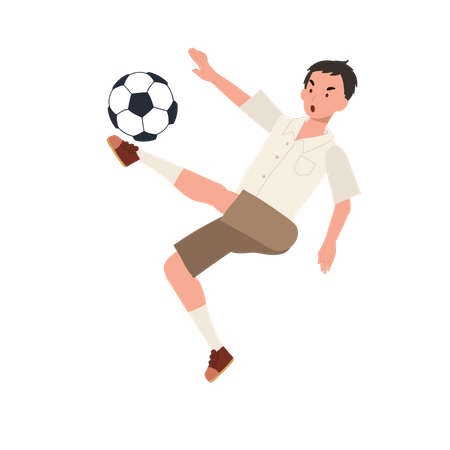 Joven estudiante tailandés jugando al fútbol después de la escuela  Ilustración