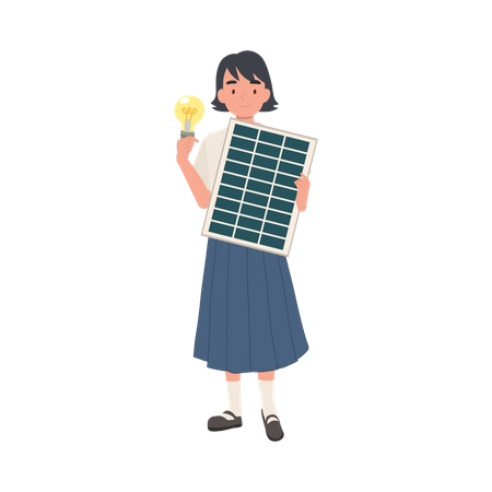 Joven estudiante tailandesa Chica con panel de células solares y bombilla para mostrar energía limpia  Ilustración