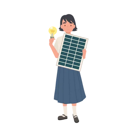 Joven estudiante tailandesa Chica con panel de células solares y bombilla para mostrar energía limpia  Ilustración