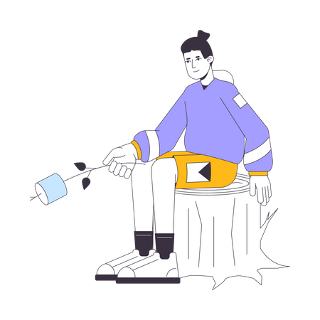 Macho joven excursionista sosteniendo palo de malvavisco  Ilustración