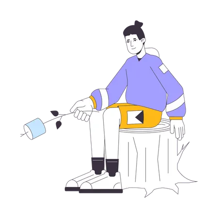 Macho joven excursionista sosteniendo palo de malvavisco  Ilustración