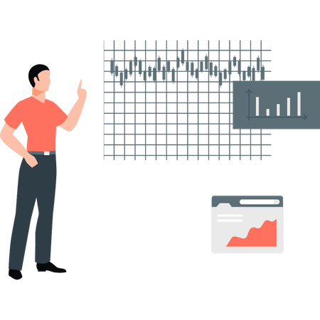 Joven explicando el gráfico del mercado en línea  Ilustración