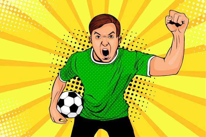 Joven aficionado al fútbol feliz con la boca abierta y un balón de fútbol en la mano celebra la victoria y el gol  Ilustración