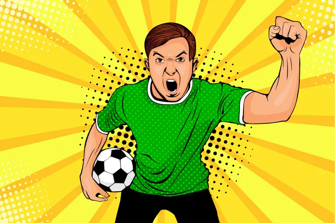 Joven aficionado al fútbol feliz con la boca abierta y un balón de fútbol en la mano celebra la victoria y el gol  Ilustración