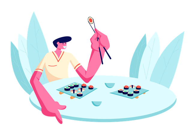 Joven feliz comiendo sushi en el restaurante  Ilustración