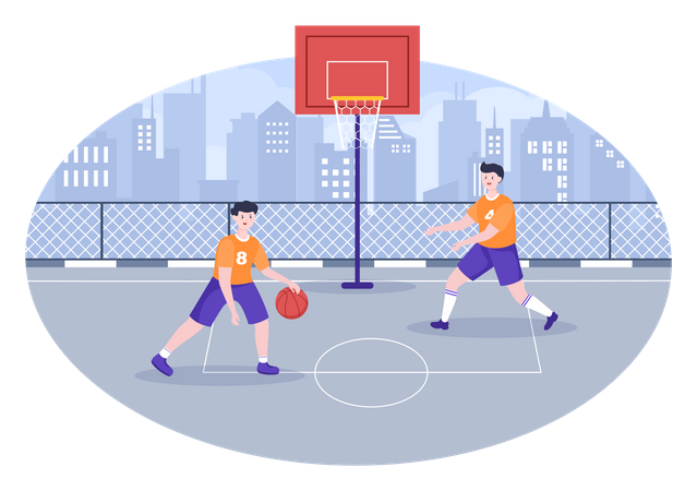 Feliz joven jugando baloncesto  Ilustración