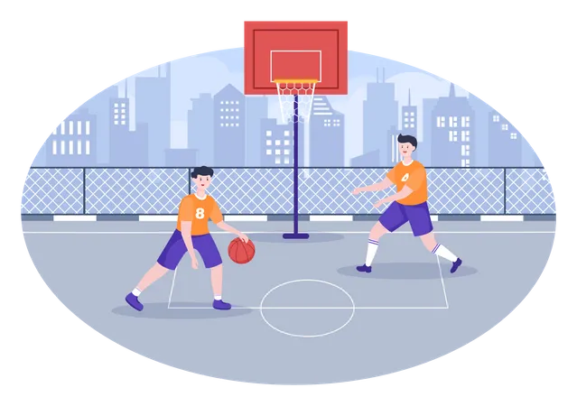 Feliz joven jugando baloncesto  Ilustración