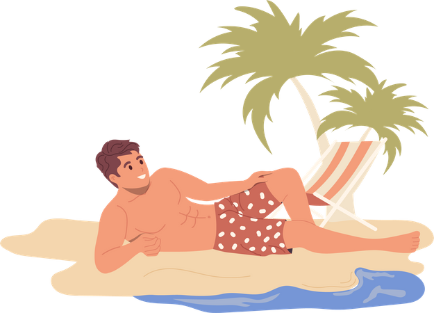 Joven feliz tomando el sol en el resort de playa de mar tropical  Ilustración