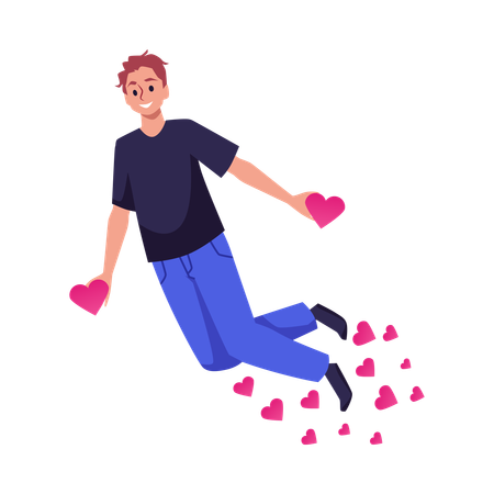 Joven feliz volando con corazones  Ilustración