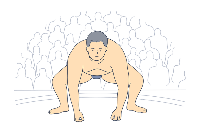 Joven gordo obeso serio hombre asiático luchador de sumo preparando pelea en el partido  Ilustración