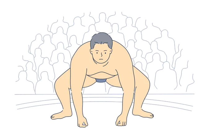 Joven gordo obeso serio hombre asiático luchador de sumo preparando pelea en el partido  Ilustración