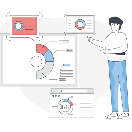 Joven hablando sobre un gráfico circular  Ilustración