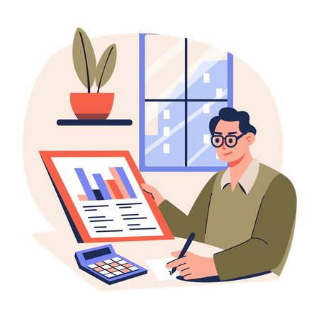 Joven haciendo Analista Financiero  Ilustración