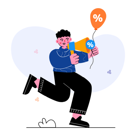 Joven haciendo anuncio de descuento  Ilustración