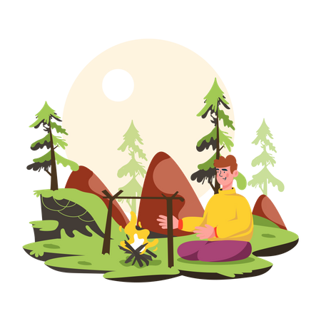 Joven haciendo camping y fogata en el bosque  Ilustración