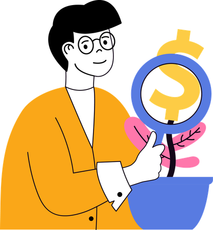 Joven haciendo investigación de ganancias  Ilustración